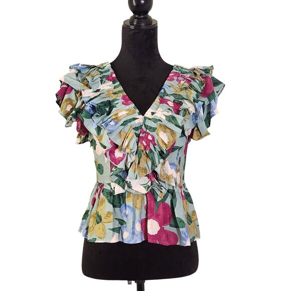 ENTRO Floral Peplum Top with Ruffled Sleeves, Size Medium - Picture 1 of 10
